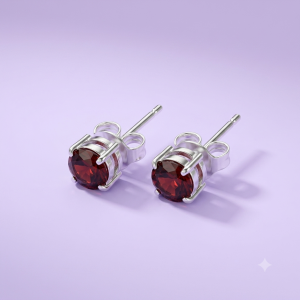 Garnet Round Stud Earrings Silver
