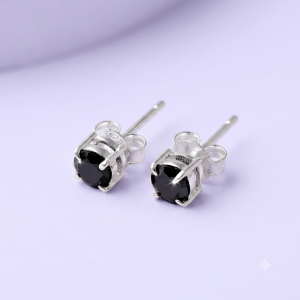 Black Onyx Round Stud Earrings Silver